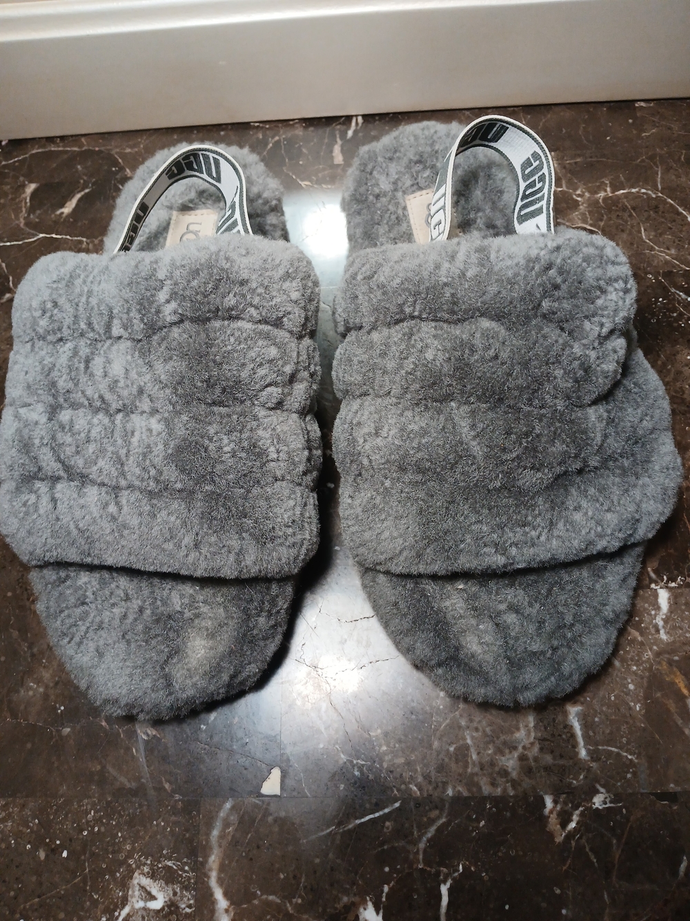 UGG Grey Plush Fluffy Slide Sandals with Branded Heel Strap